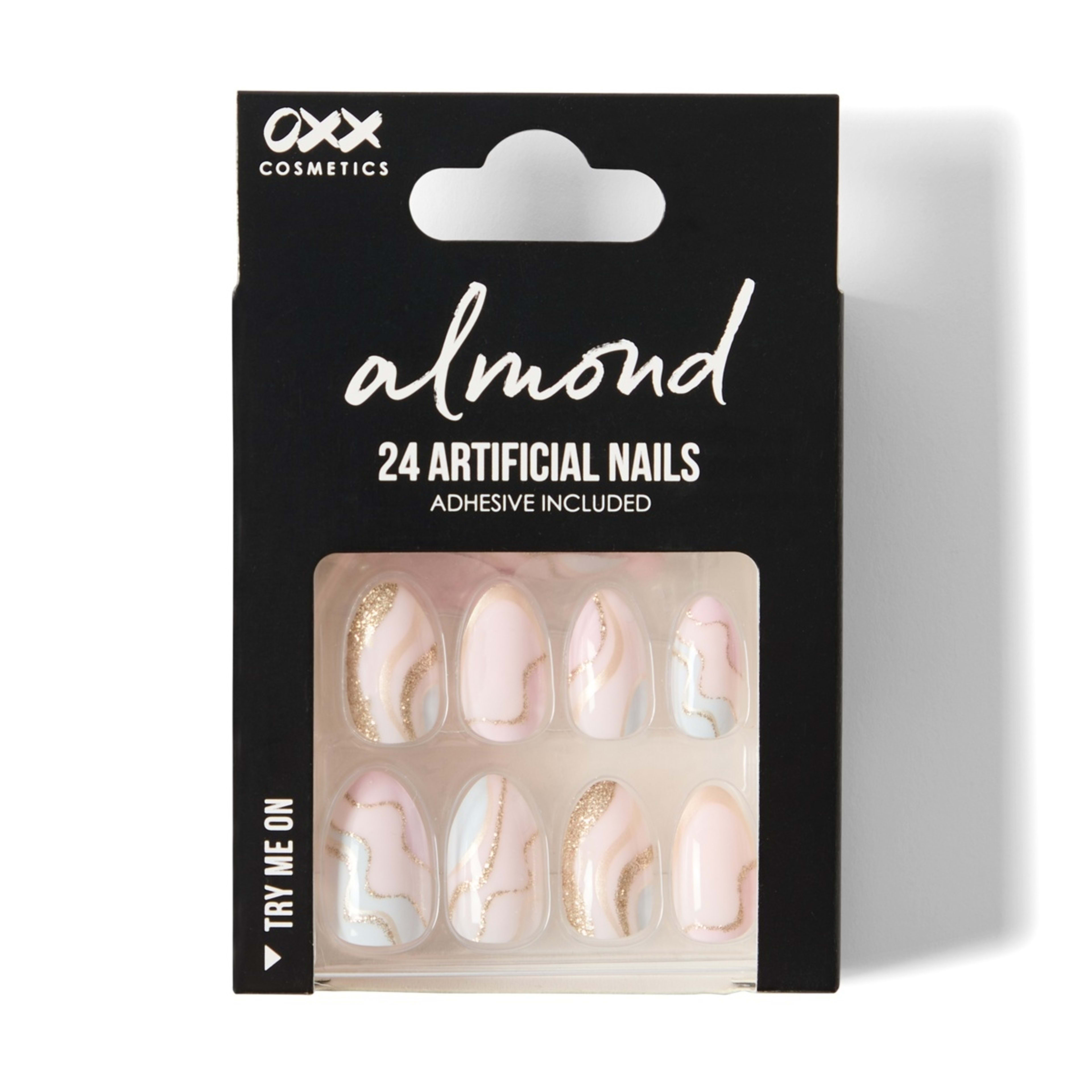 1 OXX Cosmetics 24 Pack Artificial Nails with Adhesive - Almond Shape, Pink and Gold Glitter, 1 of 4