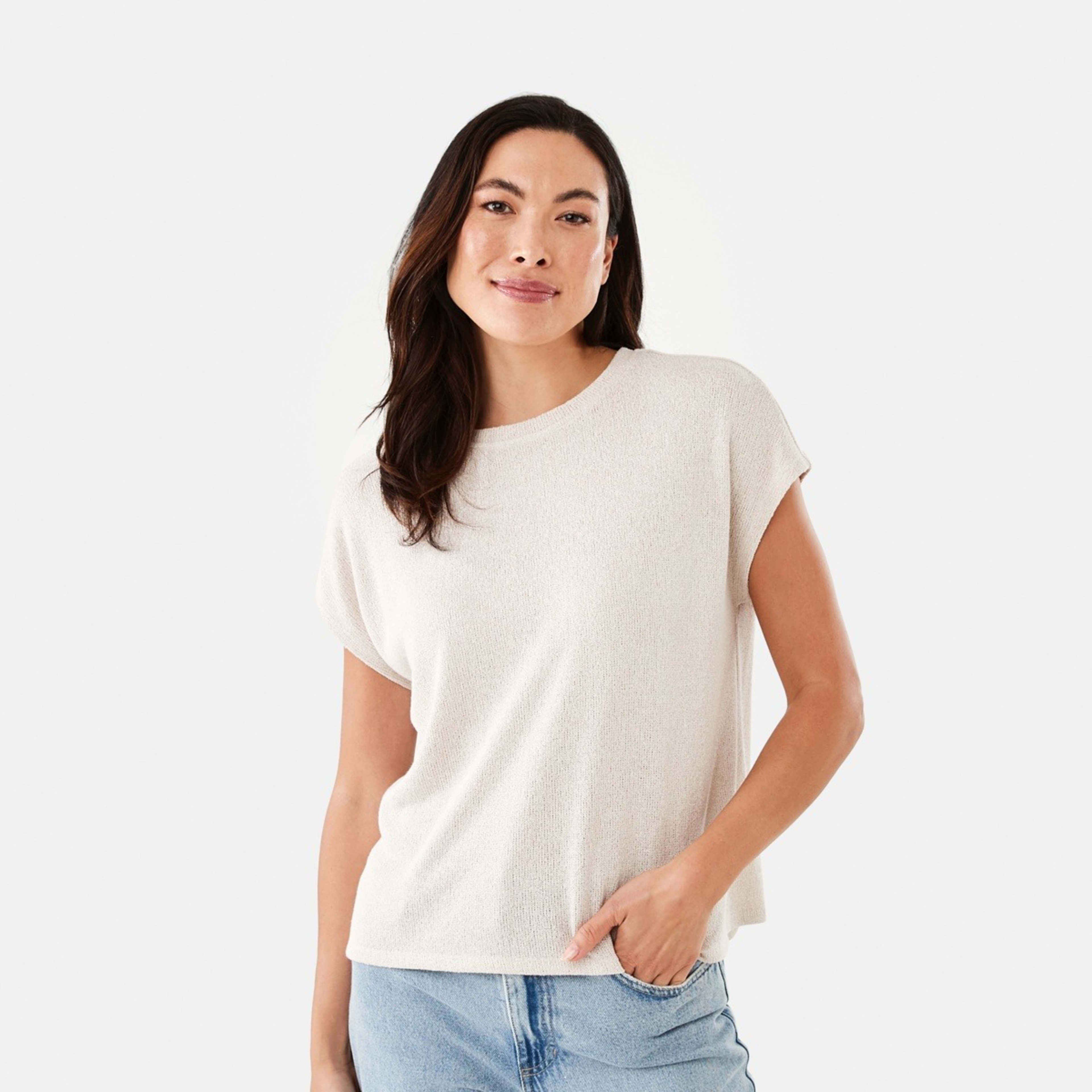 1 Short Sleeve Textured Extended Sleeve Top Nat Beige, 1 of 6