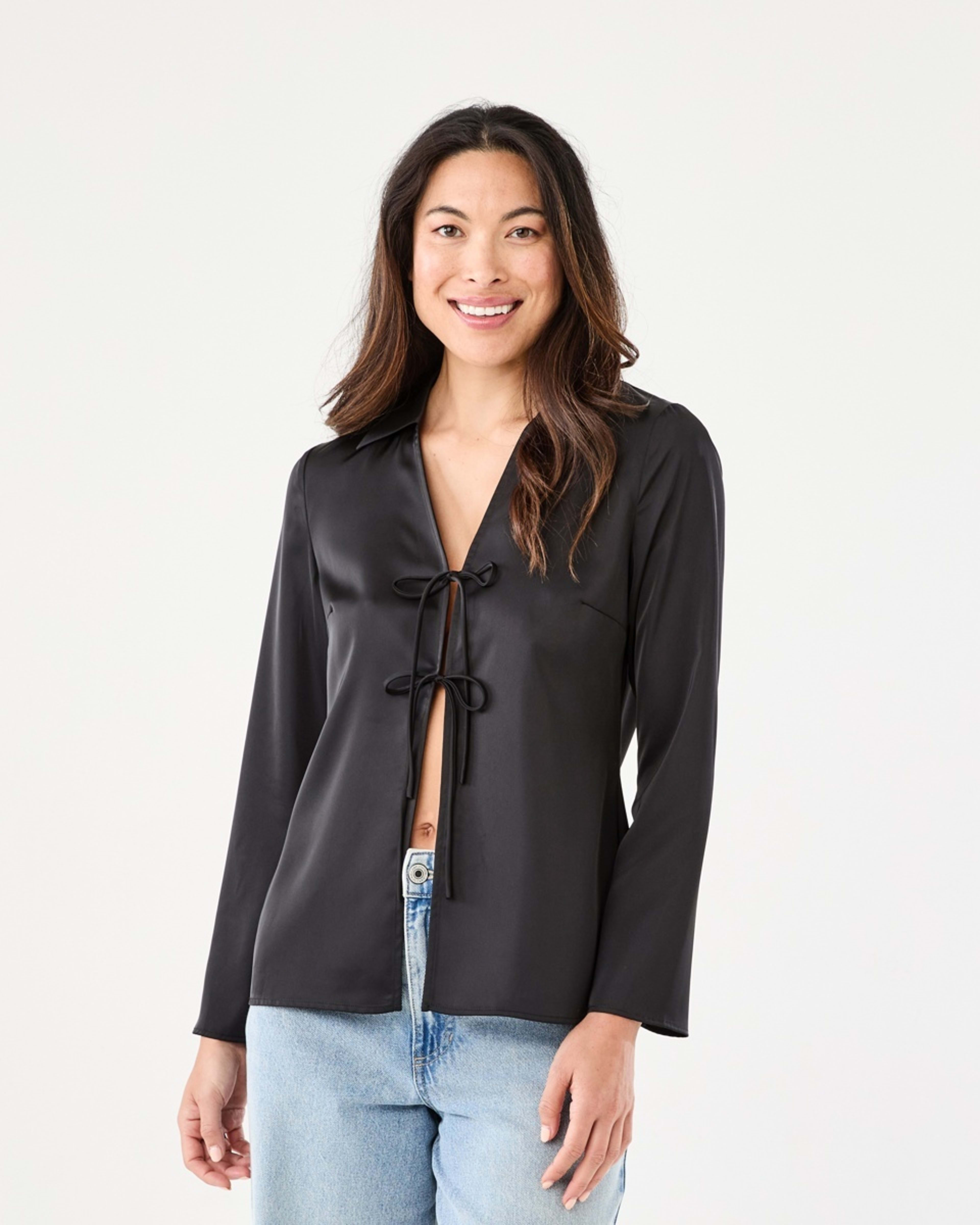 1 Long Sleeve Satin Tie Front Top Black