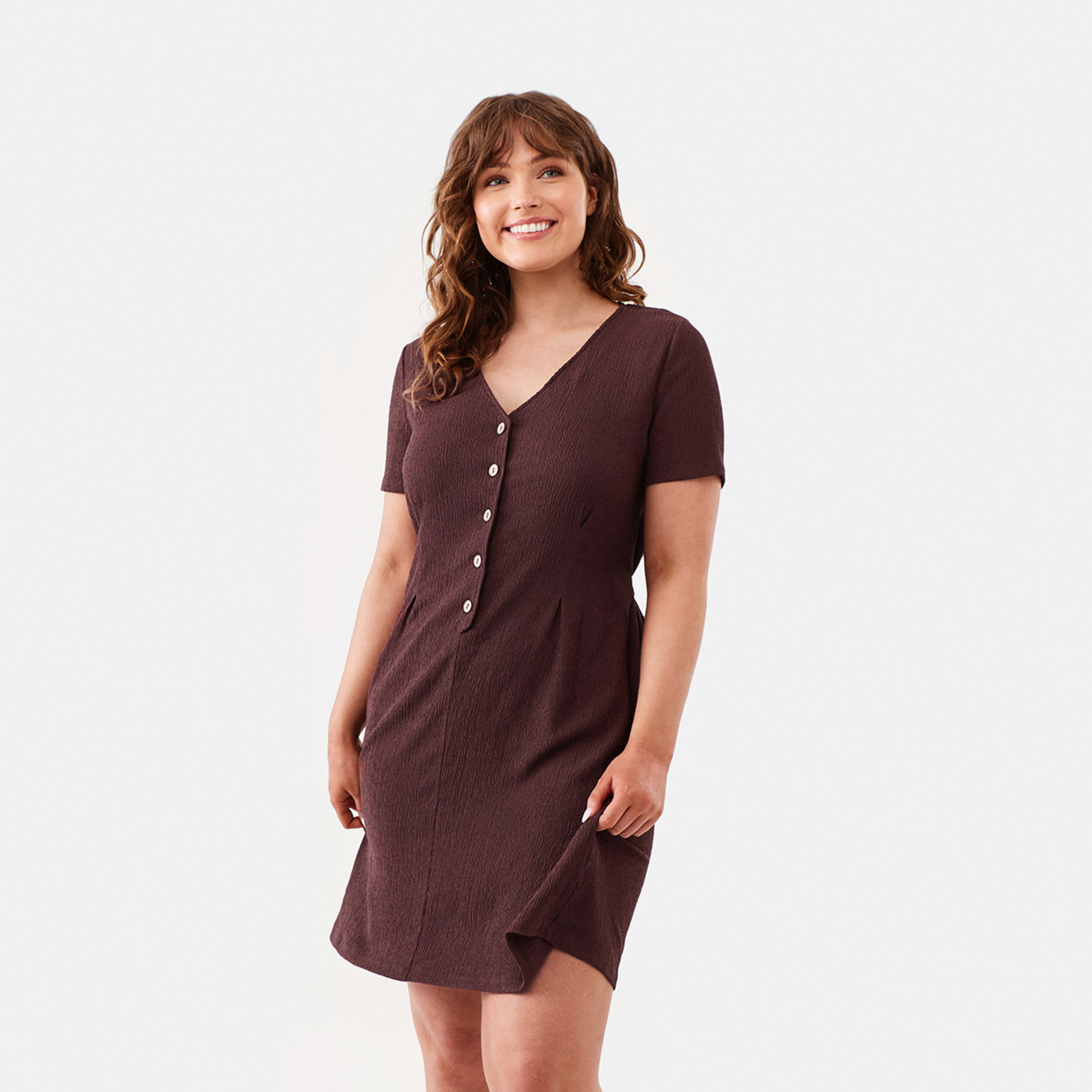 1 Short Sleeves Crinkle Tie Waist Mini Dress Burnt Maroon, 1 of 9