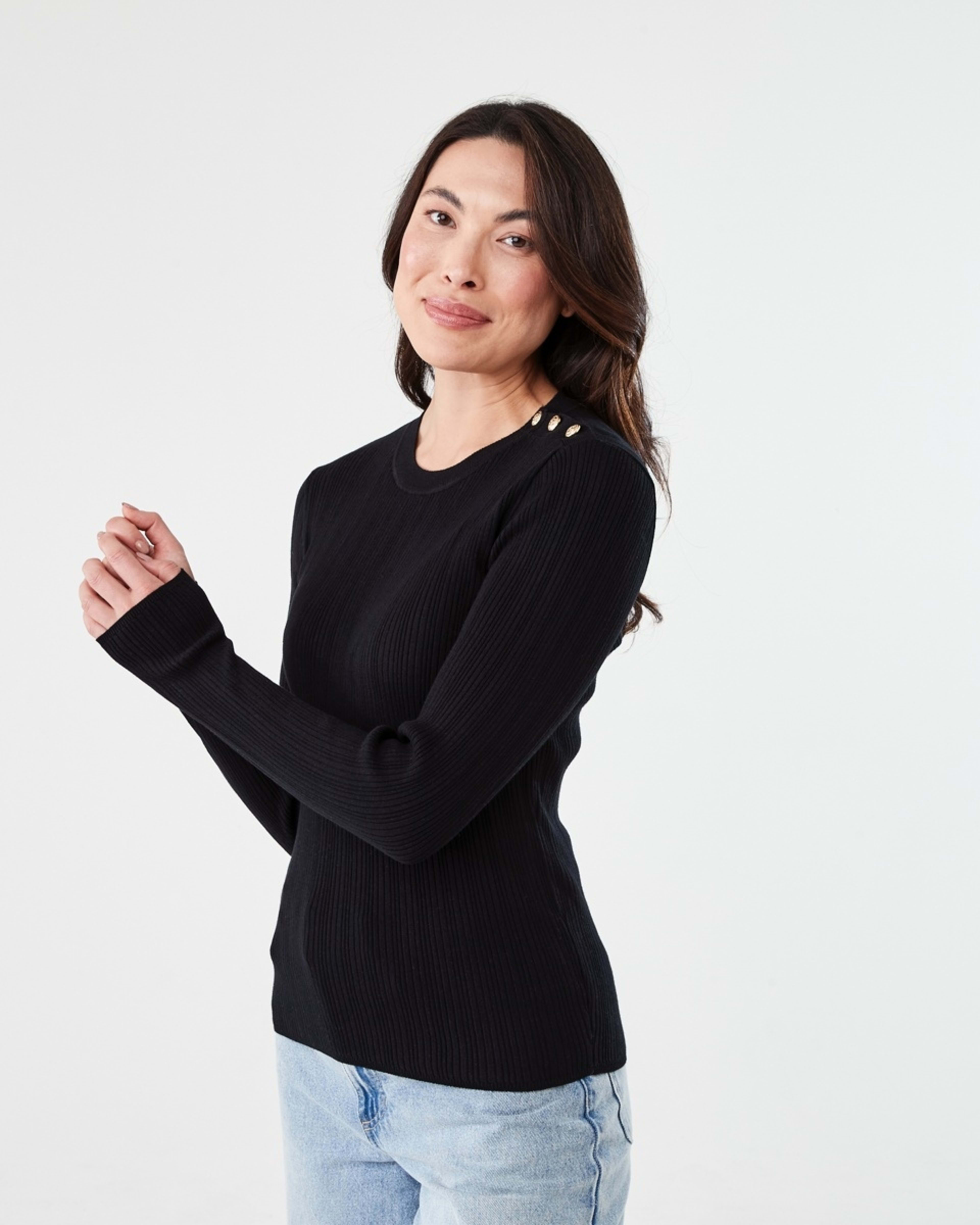 2 Long Sleeve Button Detail Top Black, 2 of 5