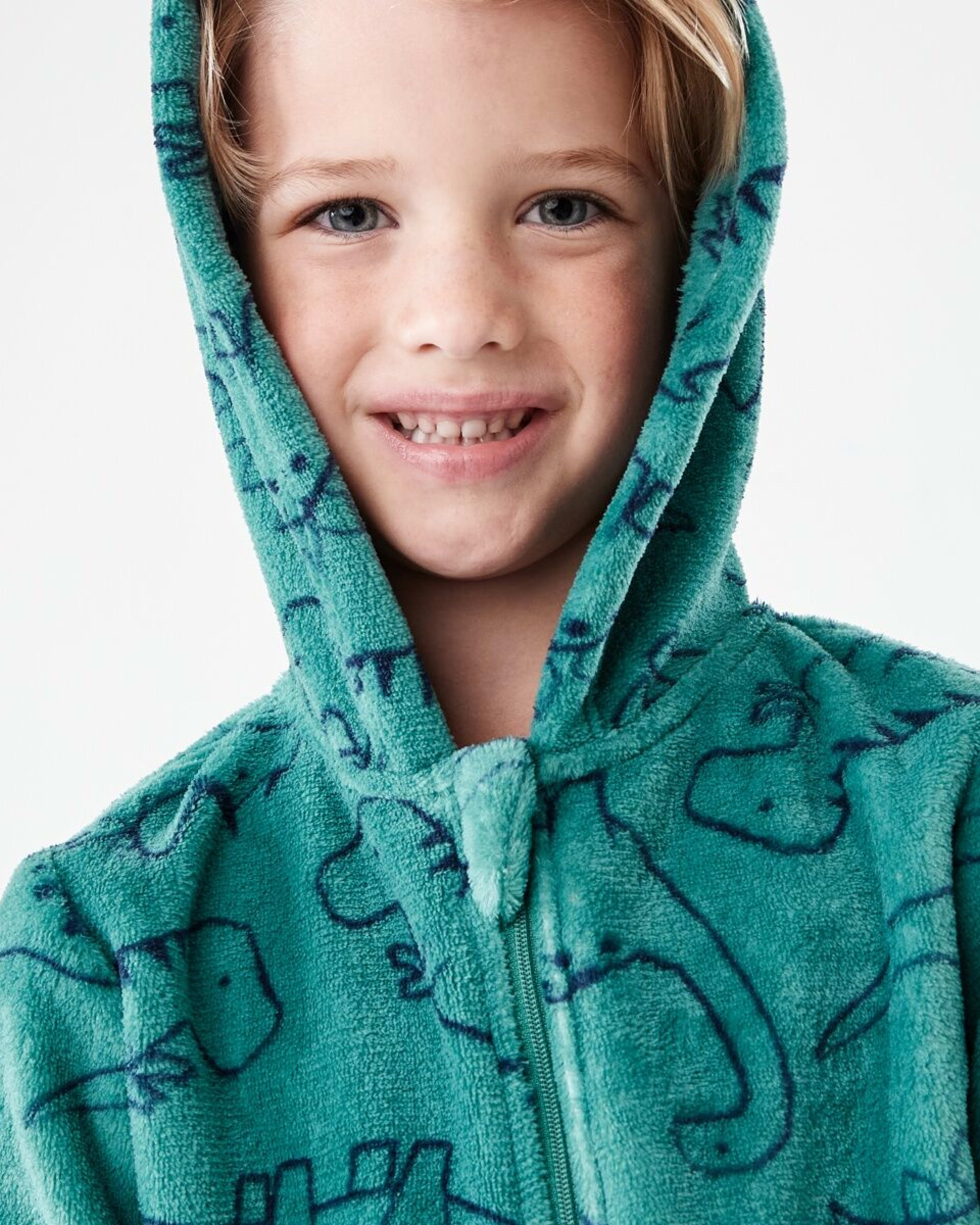3 Novelty Fluffy All-In-One Sleepsuit Green Dino Linework, 3 of 9