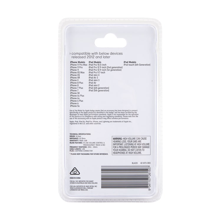 Classic Style Lightning Earphones Black Kmart